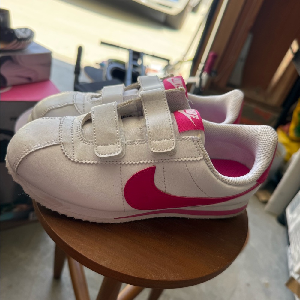 Nike white leather and hot pink sneakers